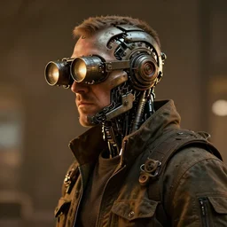 a rugged research engineer man with cybernetic enhancements, detailed optics, scifi character portrait by greg rutkowski, esuthio, craig mullins, 1 / 4 headshot, cinematic lighting, dystopian scifi gear, gloomy, profile picture, mechanical, half robot, implants, steampunk, warm colors
