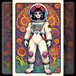 cute punk goth fashion fractal Día de los Muertos tattooed girl posing in a space suit, psychedelic poster art of by Victor Moscoso Rick Griffin Alphonse Mucha Gustav Klimt Ayami Kojima Amano Charlie Bowater, masterpiece