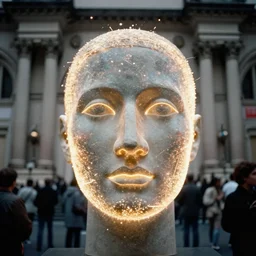 realistic scientific documentary photo of a face aura fields glowing particles, front view 1 9 9 0, life magazine reportage photo, metropolitan museum photo