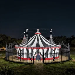 a large magical circus in a field at night with large black and white with red accents surrounded by a gothic iron fence artwork by gerald brom, 4 k, masterpiece