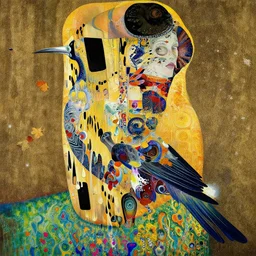 an insanely detailed cell shaded vector art of a side profile portrait of a mechanical bird with woman, intricate detailed color smashing fluid oil paint and acrylic, autumn leaves, melting wax, mycelia, abstract impressionism, ruan jia, fantasy, hyper detailed, concept art, by gustav klimt,