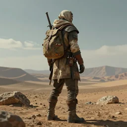 an intricate concept portrait art illustration of an explorer nomad with bag standing, post - apocalyptic, back - view, full body shot, fuzichoco color palette, digital art, style by ivan talavera and artgerm and wlop, hyper realistic, photorealistic, octane render, trending on artstation, cgsociety, cinematic light