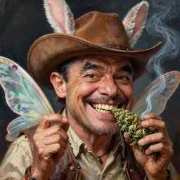 painted by brian froud, hyper realistic, close up portrait of a mega derpy cowboy with fairy wings, mr. bean, big chungus, with bunny ears, smoking massive amounts of weed, big smile, chunk teeth, by greg rutkowski, scott m fischer, artgerm, loish, slight glow, atmospheric, anne stokes, alexandros pyromallis,, 4 k, 8 k