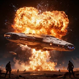 giant scifi spacecraftcarrier, exploding in a blaze in deep space, exhaust engine fire, alex ross, eddie mendoza, raphael lacoste, star citizen, star wars, perry roden, horizon zero dawn, sebastian ludke, concept art, matte painting, highly detailed, rule of thirds, dynamic lighting, cinematic, realism, realistic, photo real, detailed, magnificiant landscape, denoised, centerd