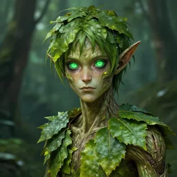 A realistic anime portrait of a handsome dryad joker with glowing green eyes and tree bark skin wearing clothes made of leaves, digital painting, by Stanley Artgerm Lau, Sakimichan, WLOP and Rossdraws, digtial painting, trending on ArtStation, SFW version