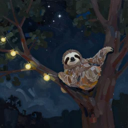 beautiful dark night with many stars and clouds, a tree with a cute sloth on it, string lights, everything!! made of thick flowing dramatic brush strokes, abstract impressionism, matte colors, trending on artstation