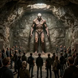 a large hall in an underground structure. in the center of the hall, a large human - like creature is chained to the wall. a lot of people ten times smaller are looking at him, close up peter mohrbacher, featured on artstation, octane render, cinematic, rugged, intricate, 8 k