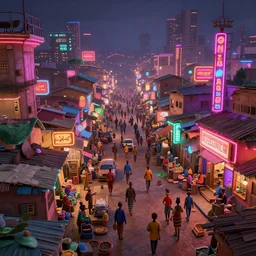 photo of a bustling neon lit ajegunle slum in nigeria, unreal engine 3 d vfx render, photo by vivian maier, art by mike winkelmann, digital illustration, sharp, intricate detail, volumetric light, ray tracing, soft light, colourful, claymation, wide angle, acrylic, cinestill 8 0 0 t,