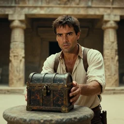 film frame of fabio rovazzi taking a trasure from an ancient temple. indiana jones style 4 k quality rule of thirds fabio rovazzi dressed as indiana jones detail cinematic color grading by christopher nolan. portrait photography. close shot