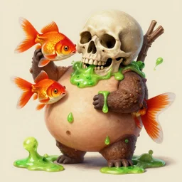 an intricate pinhole painting of tubby goldfish with thick brown stumps a grinning skull and dribbling green slime, by Christophe Vacher and Bastien Lecouffe-Deharme, trending on artstation