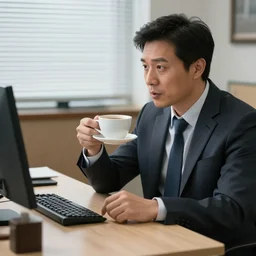 the office scene of a man conversing with a sentient cup of coffee
