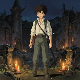 a full body portrait of an explorer, night lighting with candles delicate features finely detailed perfect art, at an ancient city, gapmoe yandere grimdark, trending on pixiv fanbox, painted by greg rutkowski makoto shinkai takashi takeuchi studio ghibli