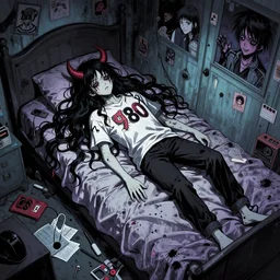 cursed illustration of beautifully ominous creepy sleep paralysis demon sliding inside 1 9 8 0's teeanger cluttered bedroom. manga style of junji ito, kentaro mirua, weirdcore, octane render
