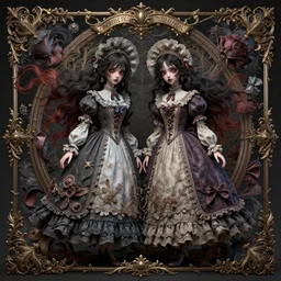 creepy twins in victoria clothes:: by Martine Johanna and Simon Stålenhag and Chie Yoshii and Casey Weldon and Guillermo del toro :: ornate, dynamic, particulate, intricate, elegant, highly detailed, centered, artstation, smooth, sharp focus, octane render, 3d