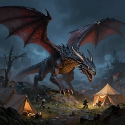 dnd wyvern attacking an encampment at night, fantasy art, concept art