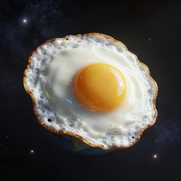 3d render of a fried egg shaped planet flowing and flying through interstellar deep space depicted by Hieronymus Bosch, horror element, octane render