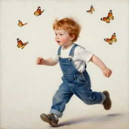 a three year old boy with ginger hair wearing denim overalls chasing butterflies. clean elegant painting, beautiful detailed face, lots of butterflies. by artgerm and greg rutkowski and raymond swanland