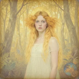 a beautiful girl in a golden forest, faded, by ernst heackel, daguerreotype by edward hopper, by henri rousseau, by Bosch, art noveau, highly detailed, strong lights, liminal, eerie, Bright pastel colors, octane render, 8k,