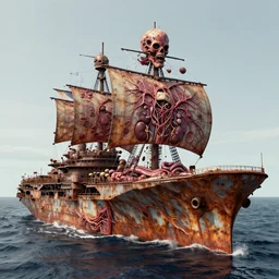 technobiological rusty aircraft carrier consisting of tumors, veins, meat, kidneys, entrails, guts, skin. sails on the ocean of blood. biopunk, bodyhorror, high detail, photorealism, full length view, very rust, concept art, octane render, 8 k. cgsociety by hermann nitsch, dariusz zawadzki