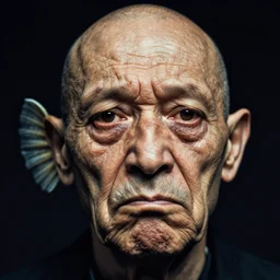 photographic portrait of a wrinkly very sad anglerfish face, by max ernst and alfred pellan