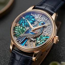 a steampunk sleek, jewelled, tropical bird repeater watch by Jaquet Droz, gold and silver highlights, neon blue highlights, macro photography, F/2.8, trending on artstation, octane render