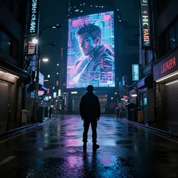 a shadow standing in a dark cyberpunk street, dimmed neon lights, lens flare, heavy rain, deep focus, d & d, intricate, elegant, highly detailed, photo, seoul, artstation, holographic ad, blade runner, 8 k, sharp focus,