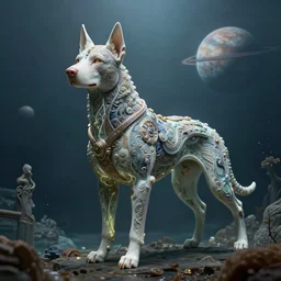 biblical diabolical bautiful cyborg dog with glowing veins, intricate detailed porcelain armor, ocean on planet titan, underwater photography, by gerald brom, by mikhail vrubel, by peter elson, muted colors, extreme detail, trending on artstation, 8 k