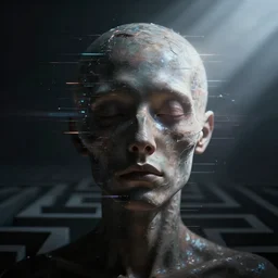 dark expressive portrait of the digitally glitched soul, dramatic lighting, lonely, god rays, edges, universal background, backlight,  soft diffusion, facial expression, chiaroscuro, character, atmospheric lighting, motion design, by Beksinski, maze, sharp focus, deviantart, irridescent, intense knowledge, masterpiece, paradox, portrait of a soul