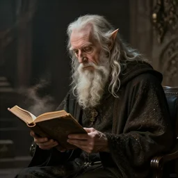 a 1 3 th century, enigmatic, melancholic, fae wizard ( look like ( ( eighty years old christopher lee ) ), is ( ( reading an old book ) ). light dust, magnificent, hyperdetailed, theatrical, painted by picasso