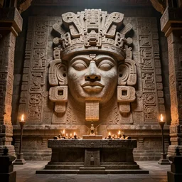 a mayan temple interior with symmetric recogniseable giant face portrait of a mayan god-emperor in the center Carved in stone relief style behind an ancient altair of sacrafice. 3d render. Unreal engine 5. CGsociety, artstatio, deviantart. Realistic. Well Detailed. Torch light. Omnious, intricate. By luminokaya inspired by H.r. giger painting influenced by alien reliefs