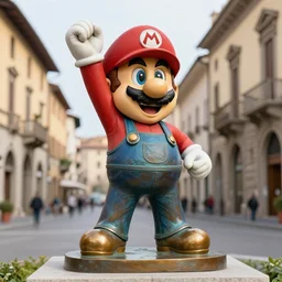 beautiful photograph of mario from super mario bronze statue, situated in an italian city