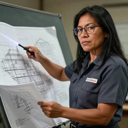 epic portrait of slightly muscular indigenous visionary woman wearing short sleeved instructor uniform pointing lase pointer on construction blueprint, architecture, glasses, detailed, artstation, concept art, donato giancola, joseph christian leyendecker, wlop, boris vallejo, breathtaking, 8 k resolution, extremely detailed beautiful, establishing shot, artistic hyperrealistic, beautiful face, hand posture, octane render