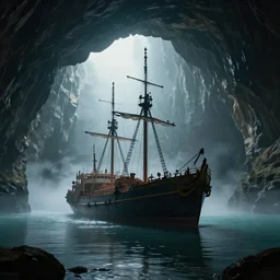 cinematic mid shot of an old ship in the middle of a giant cavern with a lake, light fog, trending on artstation, ambient light, 4 k, masterpiece