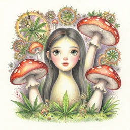 trippy cannabis and mushroom fractals, colored pencil illustration