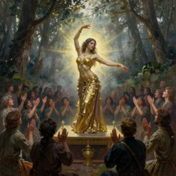 a singular bellydancer dances on an altar in the middle of the forest, a multitude of people gathers around her in praise, a painting by beksinski, by ruan jia, by austin osman spare, symbolist painting, mist, volumetric render, digital painting, detailed painting, occult