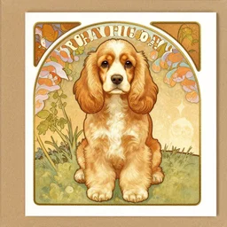 a birthday card with a cute cocker spaniel dog in the style of alphonse mucha