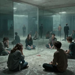 hall of mirrors, liminal space, cassette futurism, existential horror, people in anguish, people in grief, societal breakdown, atmospheric haze, film. illustration by edward hopper, norman rockwell. film still, 1 6 mm cinematography