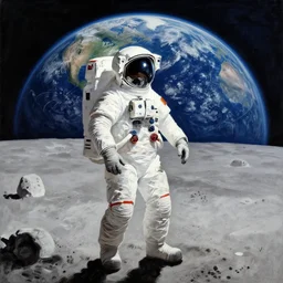 astronauts walking about on the moon with the earth in the background. in the style of howard finster painting.