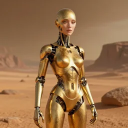 a female woman, synthetic gold cyborg creature with large eyes, standing on a martian landscape, cinematic movie scene, inspired by the movie the fifth element, by kim jung gi, hyperrealistic, fine details, octane render, volumetric lighting