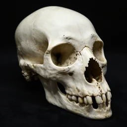 creature skull in black background with light, photorealistic