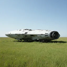 abandoned spaceship in a middle of a grassfield, syd mead, john harris