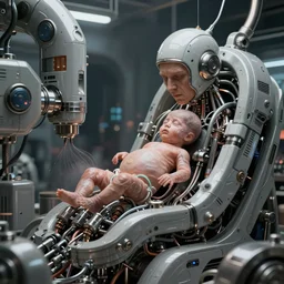 a man being born from a machine, dystopian, high tech, biopunk, by H.R. Giger, trending on artstation, high detail