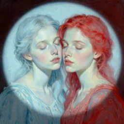 portrait of two beautiful girls, intimate, eyes closed, faded shades of light blue and red, beautiful face, rule of thirds, intricate outfit, spotlight, by greg rutkowski, by jeremy mann, by francoise nielly, by van gogh, digital painting