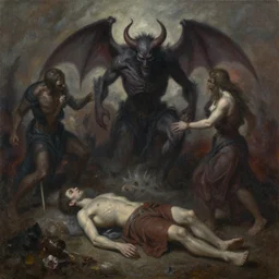 Souls a many fight the demon, they all die, 1 2 3 they go down to hell to lie, three two one, three might lie, Oil painting