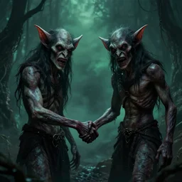 two goblin demons shaking hands and looking at the camera, horror, nightmare, terrifying, surreal, nightmare fuel,