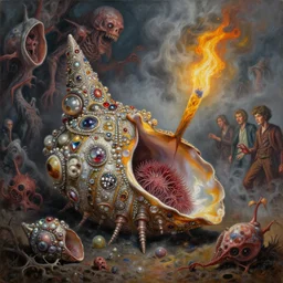 fine art oil painting varied muck jeweled, drag race mollusk, cilia sporing pox, evil fog, final battle removal, clustered horror, by virgil finlay, vincente b ballestar, by francesco blanc, geof darrow, bisley, b wolverton & by jack gaughan high resolution, hyper detailed, cinematic, ornate masterpiece, torch light shot