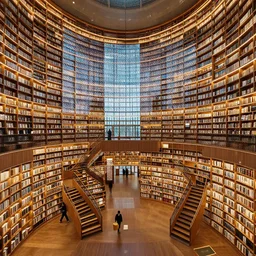 a giant library, interior, tons of rooms, stairs to an upper floor, digital art