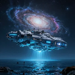 a giant glowing spaceship in the ocean, people swimming, galaxy, hyper realistic, epic lighting, cyberpunk, wide angle lens