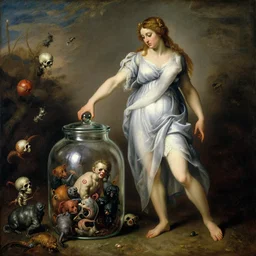 a painting of pandora opening her jar, releasing critters that impersonate sickness and death by wilhelm leibl