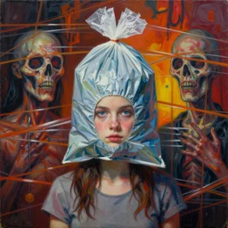 girl with trash bag on head, blurred, doomed, neural acrylic paint, high resolution, gouache on canvas, ultra detailed, vibrant colors, grotesque, wrapped thermal background, art by francis bacon, beksinski painting